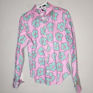 NWT Shirtales Pink Green Floral Button Down Shirt Flip Cuff Size XL Cotton